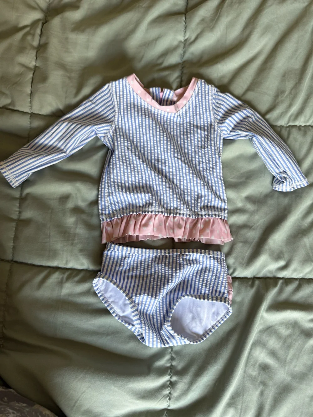 Ruffle Butts Blue & White Striped Two-Piece Swimsuit with Pink Ruffle Trim